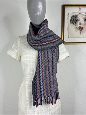 VTG Missoni Zig Zag Multicolor Knit Scarf Fringe